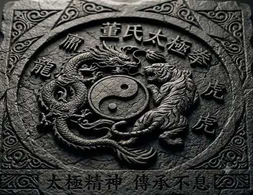 Famille Tung, encadrée par la poétique et la symbolique traditionnelle du Dragon et du Tigre gravitant autour du Yin-Yang.